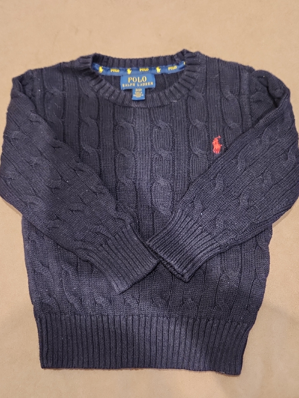 Polo by Ralph Lauren Navy Cable-Knit Crewneck Sweater with Red Pony 2T